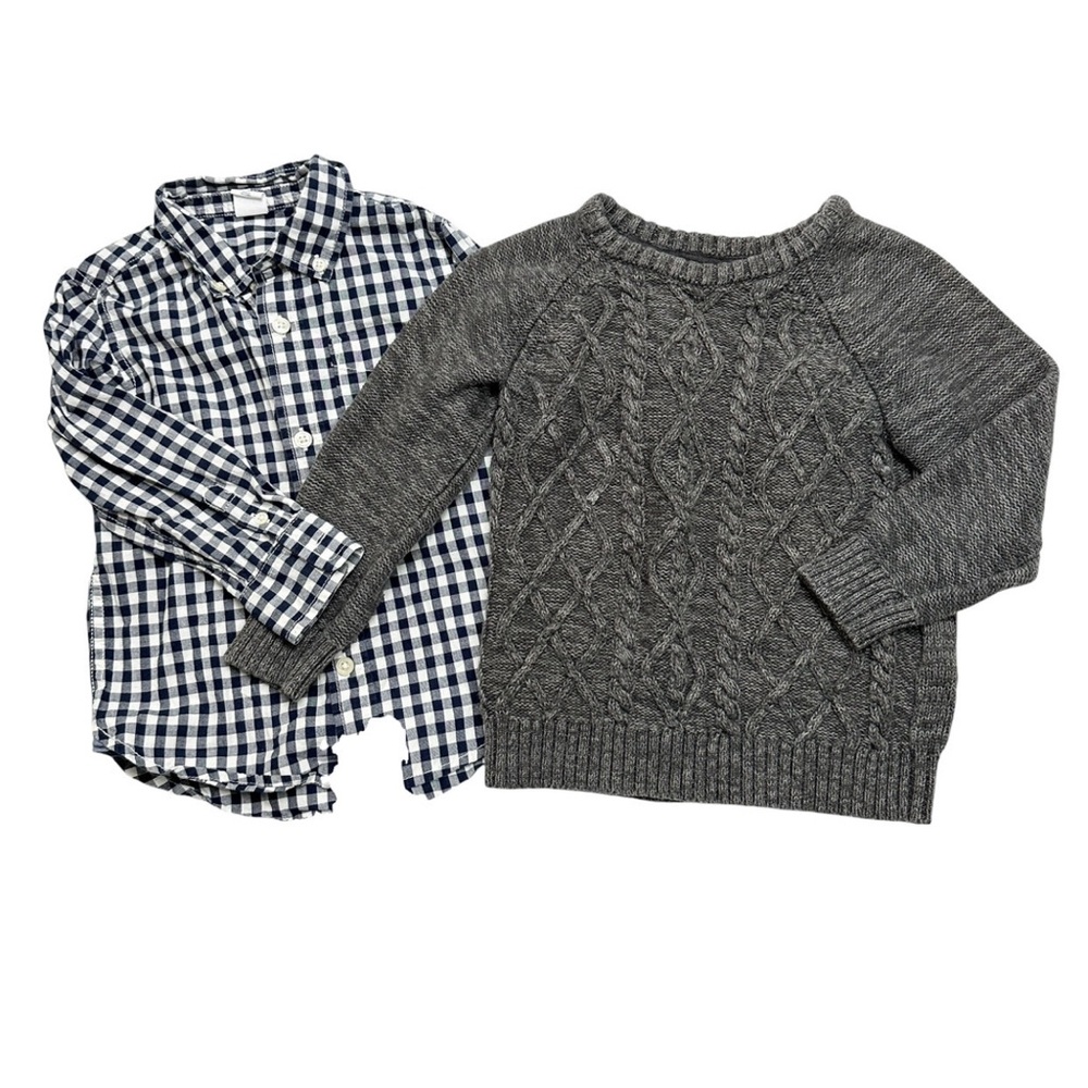 GAP long sleeved navy & white checked button down & old navy grey knit sweater